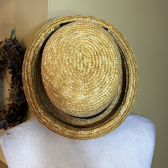SUNDANCE Woven Straw Hat Curled Brim Black Gross-grain Ribbon Vtg Vibe Feminine - Picture 15 of 16